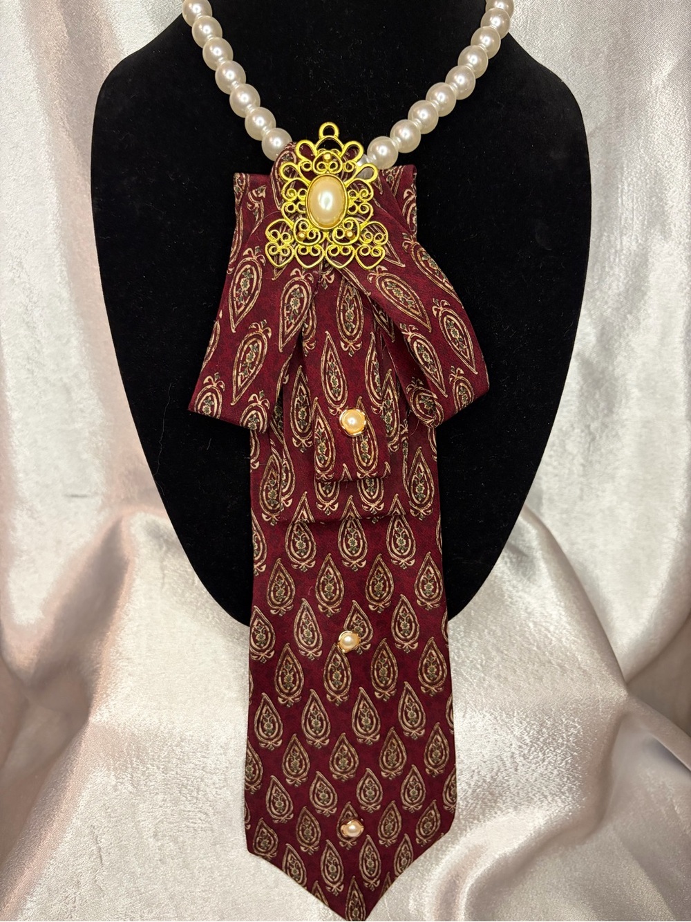 Tie - Chaps Burgundy Paisley Brooch Necklace Tie  with Pearl Accents